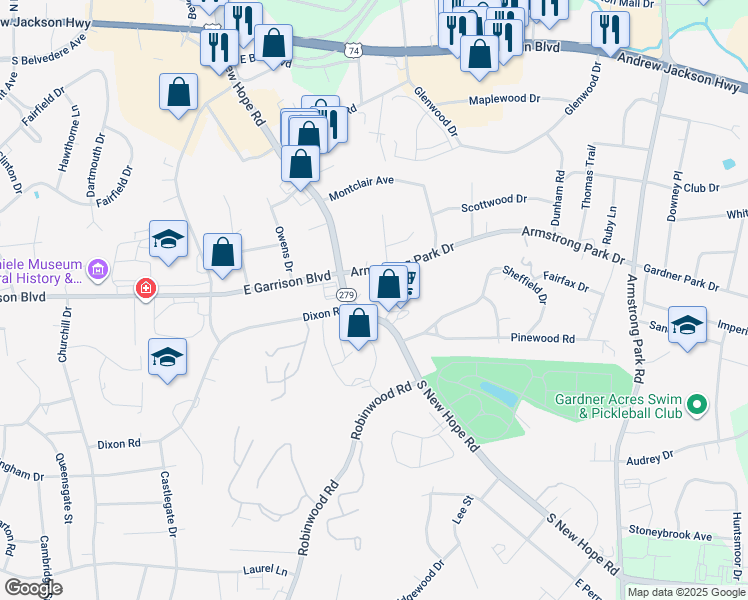 map of restaurants, bars, coffee shops, grocery stores, and more near 904 South New Hope Road in Gastonia