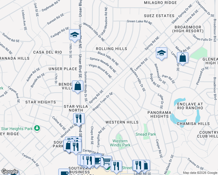 map of restaurants, bars, coffee shops, grocery stores, and more near 210 Spring Drive Southeast in Rio Rancho