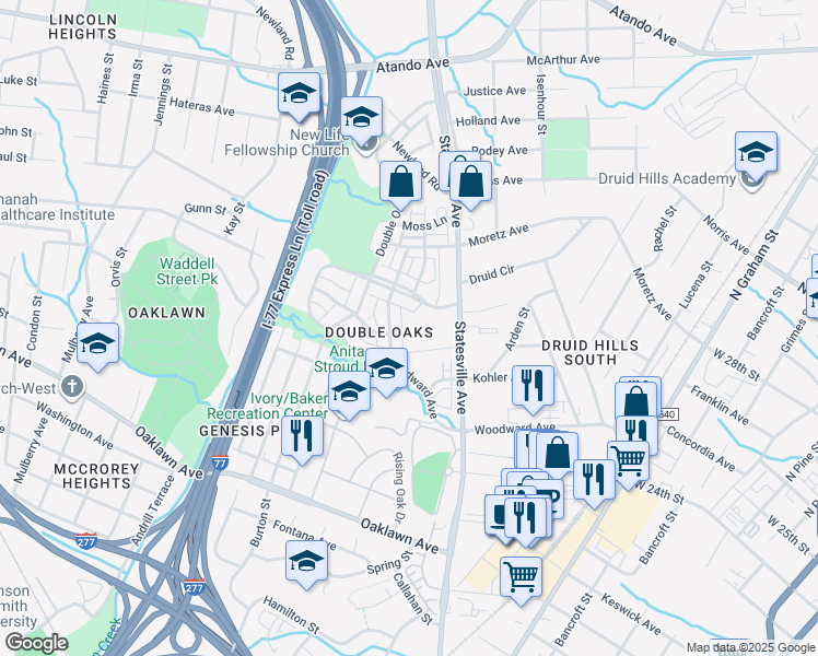 map of restaurants, bars, coffee shops, grocery stores, and more near 1248 Badger Court in Charlotte