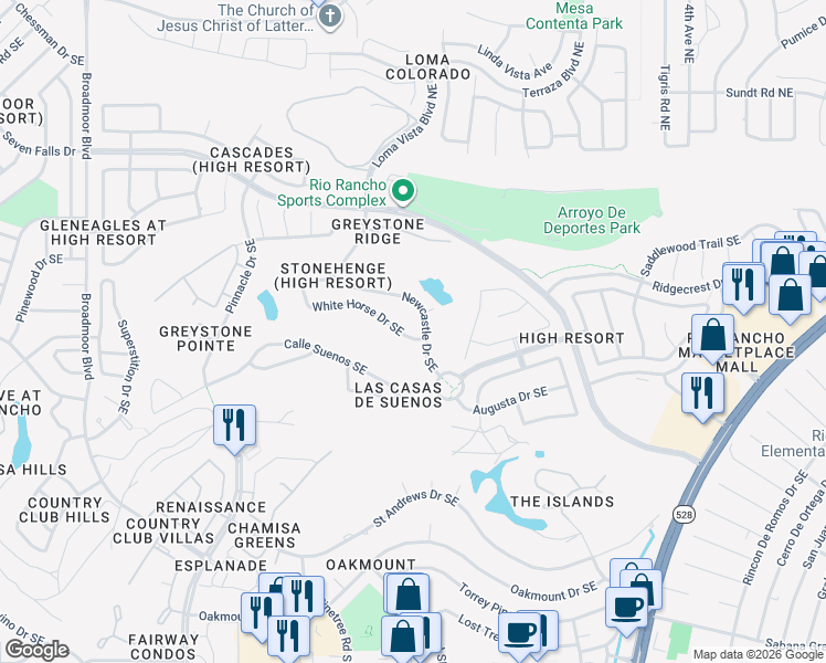 map of restaurants, bars, coffee shops, grocery stores, and more near 3553 White Horse Drive Southeast in Rio Rancho