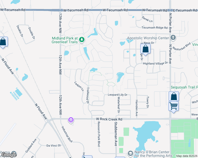 map of restaurants, bars, coffee shops, grocery stores, and more near 926 Butterfly Way in Norman