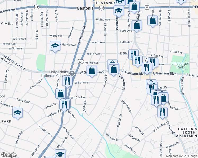 map of restaurants, bars, coffee shops, grocery stores, and more near 812 Gibbons Street in Gastonia