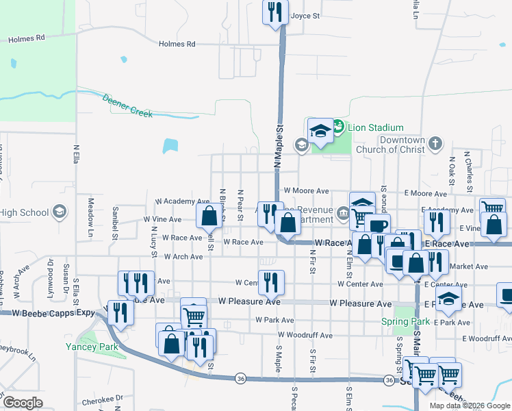 map of restaurants, bars, coffee shops, grocery stores, and more near 602 North Hickory Street in Searcy