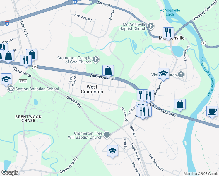 map of restaurants, bars, coffee shops, grocery stores, and more near 609 2494 in Cramerton