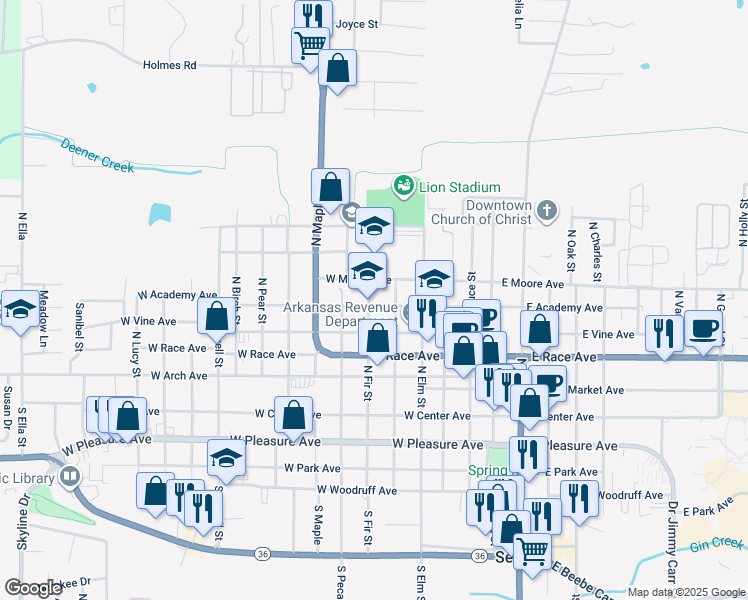 map of restaurants, bars, coffee shops, grocery stores, and more near 510 West Academy Avenue in Searcy