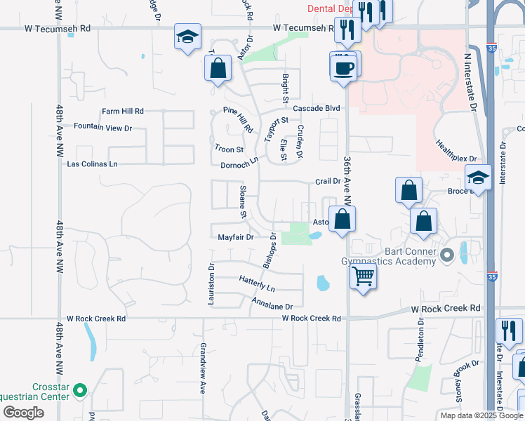 map of restaurants, bars, coffee shops, grocery stores, and more near 2828 Astor Drive in Norman