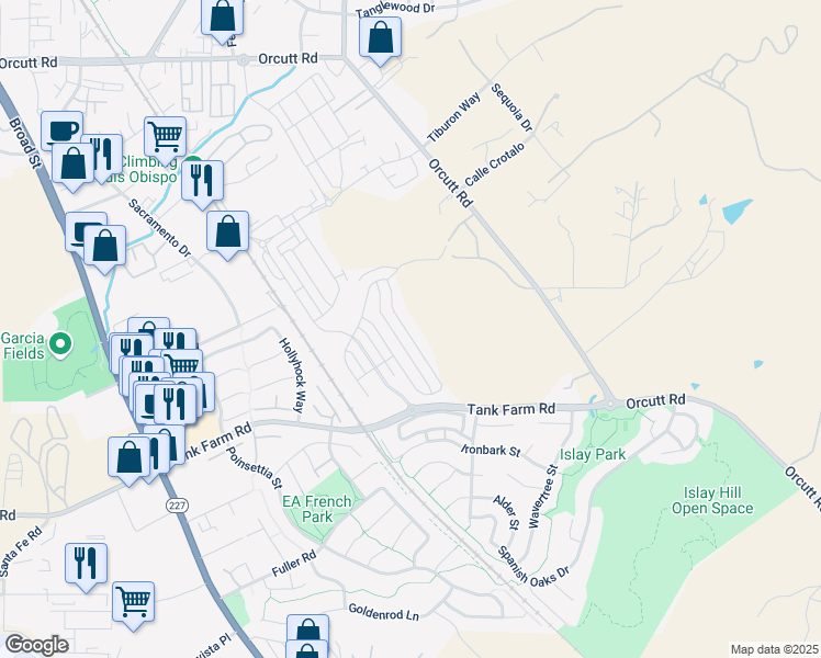 map of restaurants, bars, coffee shops, grocery stores, and more near 4120 Hillside Drive in San Luis Obispo