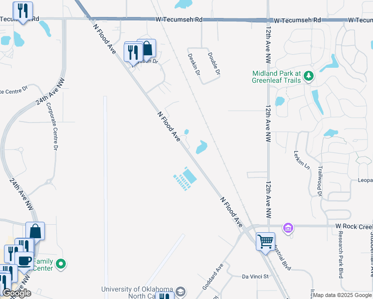 map of restaurants, bars, coffee shops, grocery stores, and more near 2564 North Flood Avenue in Norman