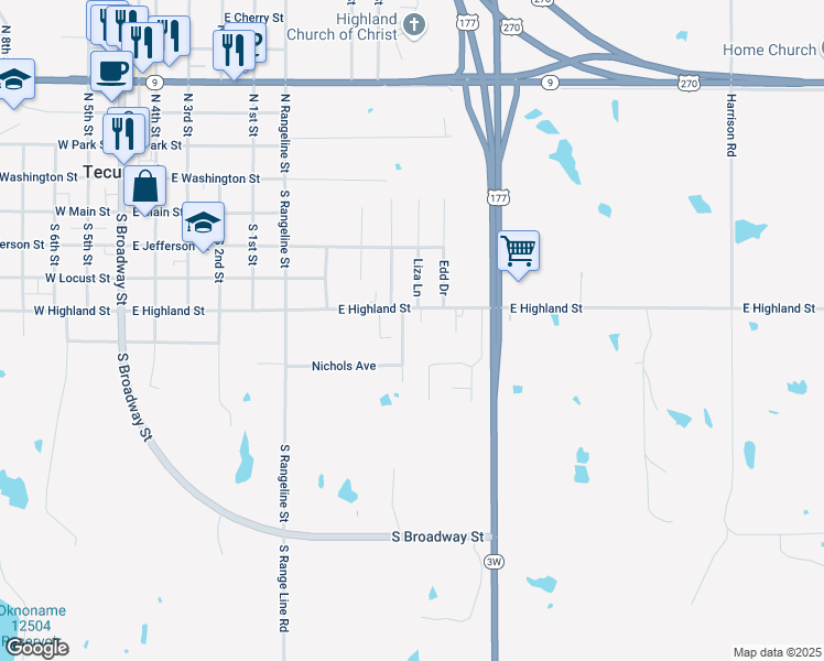 map of restaurants, bars, coffee shops, grocery stores, and more near 505 South Kathy Drive in Tecumseh