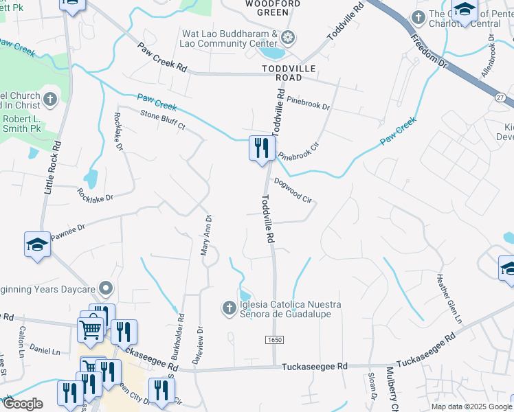map of restaurants, bars, coffee shops, grocery stores, and more near 2338 Toddville Road in Charlotte