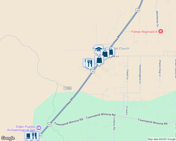 map of restaurants, bars, coffee shops, grocery stores, and more near U.S. Highway 89 in Flagstaff