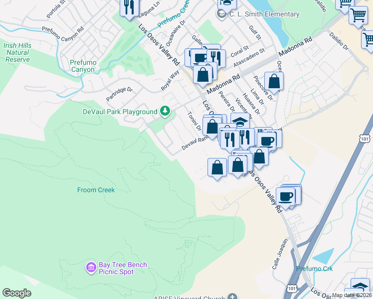 map of restaurants, bars, coffee shops, grocery stores, and more near 1955 Devaul Ranch Drive in San Luis Obispo