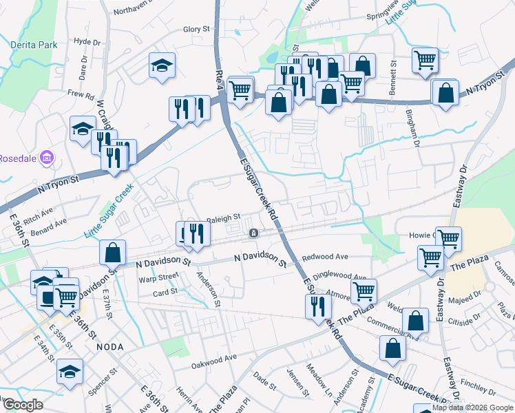 map of restaurants, bars, coffee shops, grocery stores, and more near 530 East Sugar Creek Road in Charlotte