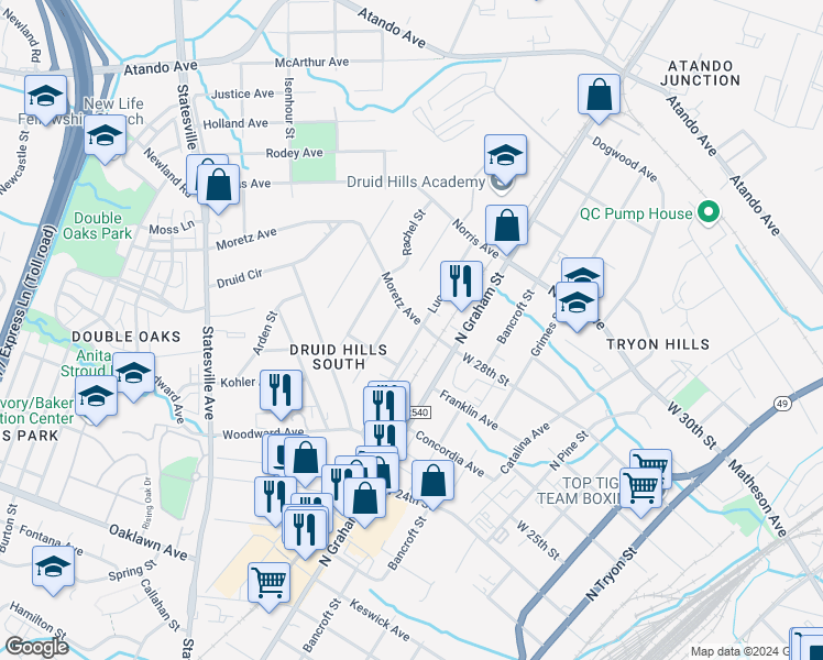 map of restaurants, bars, coffee shops, grocery stores, and more near 2500 Lucena Street in Charlotte