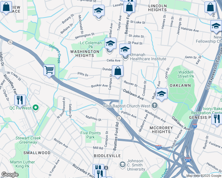 map of restaurants, bars, coffee shops, grocery stores, and more near 2229 Booker Avenue in Charlotte