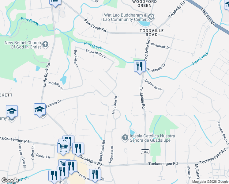 map of restaurants, bars, coffee shops, grocery stores, and more near 6217 Whitewater Drive in Charlotte