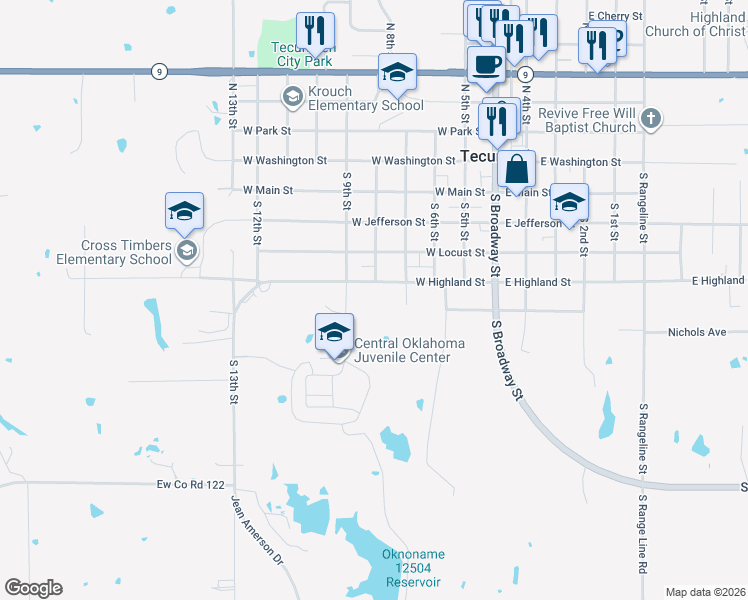 map of restaurants, bars, coffee shops, grocery stores, and more near 500 West Highland Street in Tecumseh