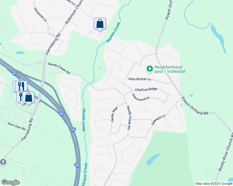 map of restaurants, bars, coffee shops, grocery stores, and more near 7219 Reedy Creek Road in Charlotte
