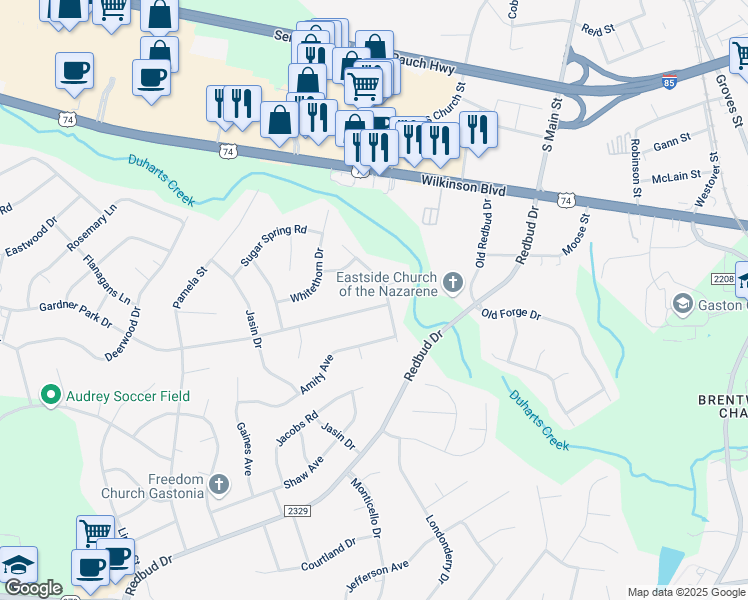 map of restaurants, bars, coffee shops, grocery stores, and more near 3882 Gardner Park Drive in Gastonia