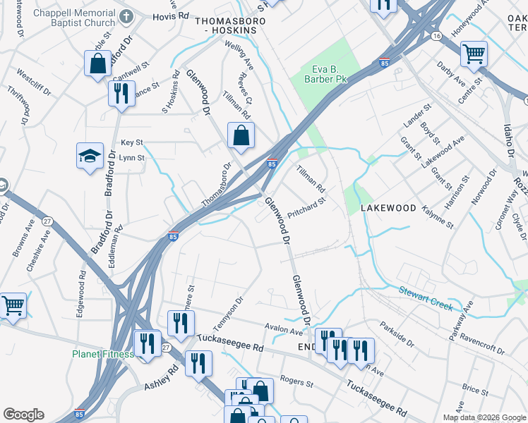 map of restaurants, bars, coffee shops, grocery stores, and more near 4117 Glenwood Drive in Charlotte