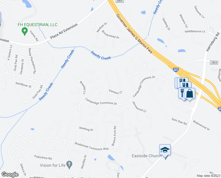 map of restaurants, bars, coffee shops, grocery stores, and more near 8638 Flowers Court in Charlotte
