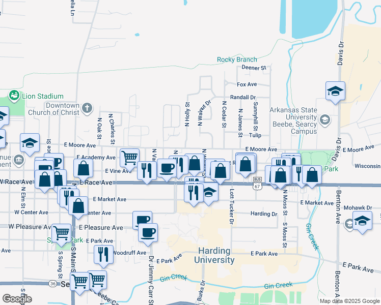map of restaurants, bars, coffee shops, grocery stores, and more near 911 East Moore Avenue in Searcy