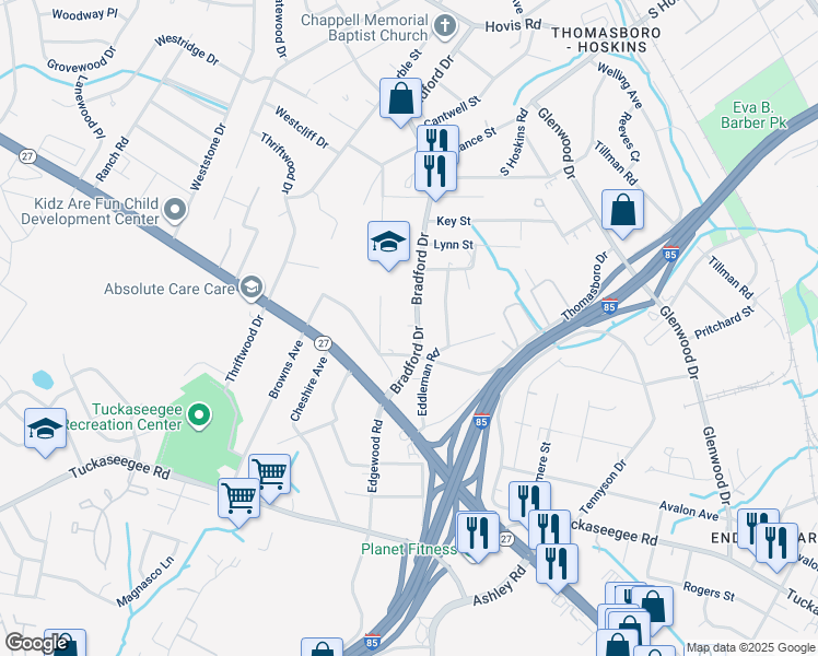 map of restaurants, bars, coffee shops, grocery stores, and more near 646 Bradford Drive in Charlotte