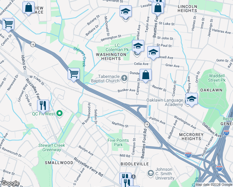 map of restaurants, bars, coffee shops, grocery stores, and more near 2433 Booker Avenue in Charlotte