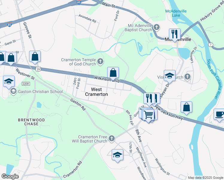 map of restaurants, bars, coffee shops, grocery stores, and more near 609 2494 in Cramerton