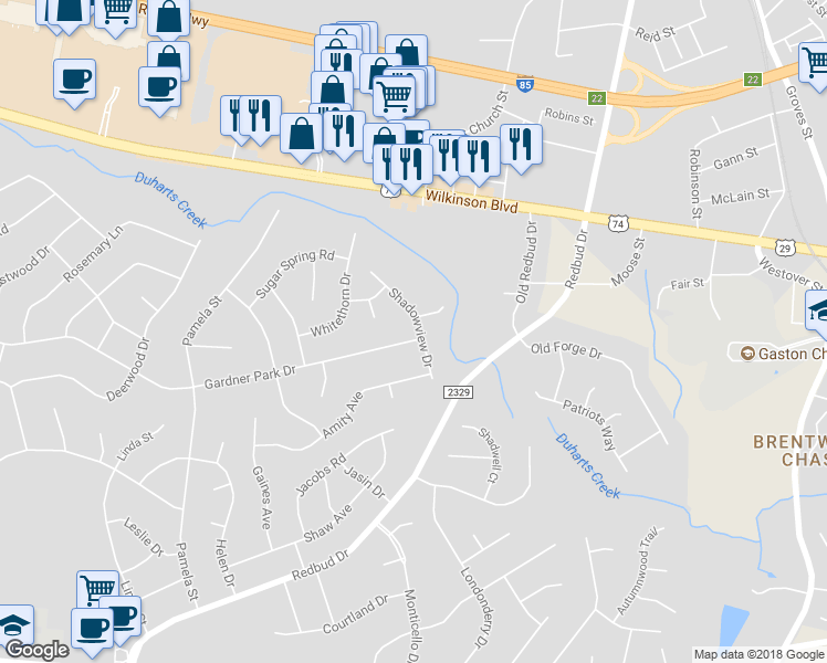 map of restaurants, bars, coffee shops, grocery stores, and more near 3882 Gardner Park Drive in Gastonia