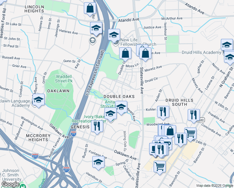 map of restaurants, bars, coffee shops, grocery stores, and more near 3257 Bending Birch Place in Charlotte