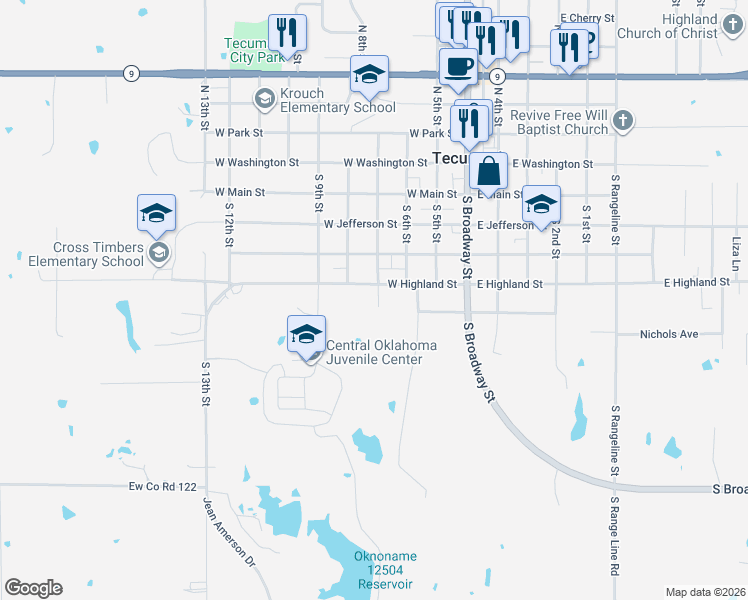 map of restaurants, bars, coffee shops, grocery stores, and more near 524 South 7th Street in Tecumseh