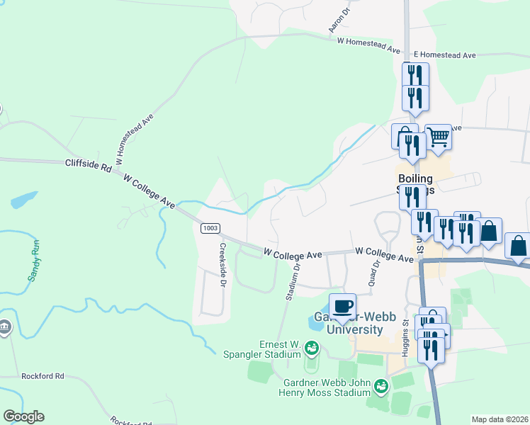map of restaurants, bars, coffee shops, grocery stores, and more near 131 College Manor Drive in Shelby