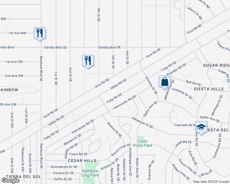 map of restaurants, bars, coffee shops, grocery stores, and more near 501 Tulip Road Southeast in Rio Rancho