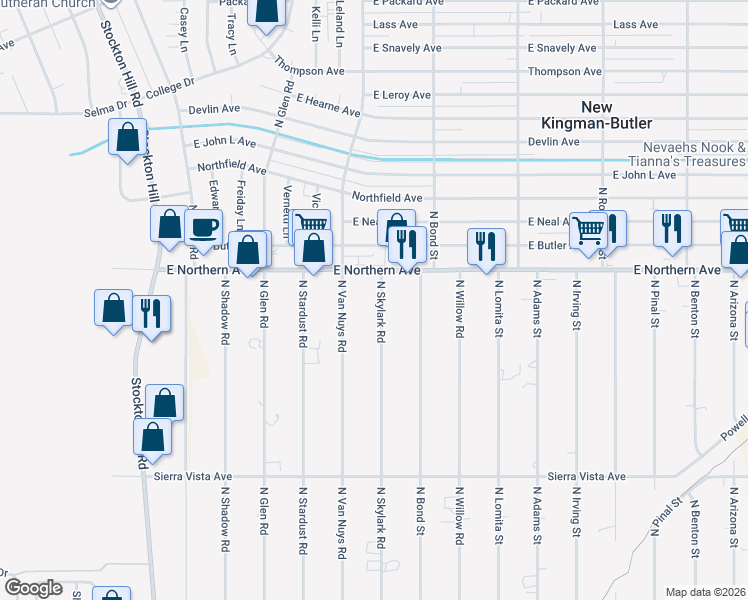 map of restaurants, bars, coffee shops, grocery stores, and more near 4475 North Skylark Road in Kingman