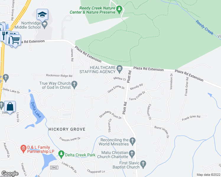 map of restaurants, bars, coffee shops, grocery stores, and more near 8301 Gera Emma Drive in Charlotte