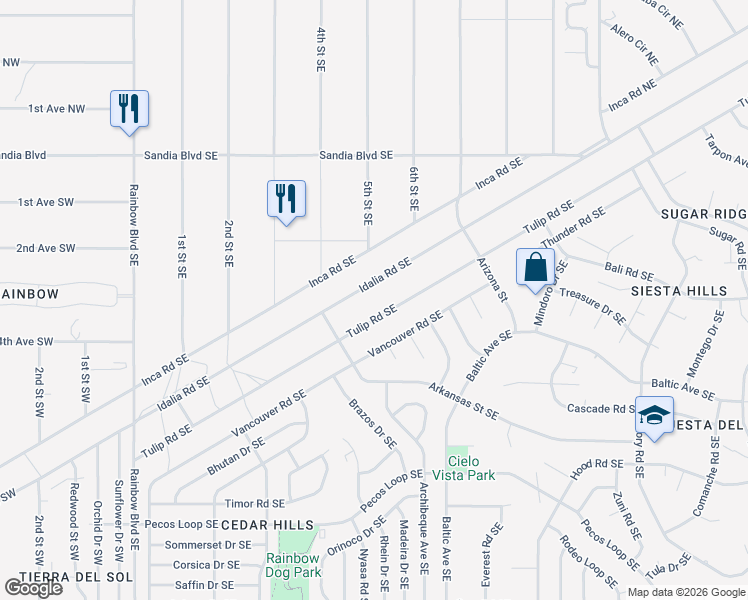 map of restaurants, bars, coffee shops, grocery stores, and more near 501 Tulip Road Southeast in Rio Rancho