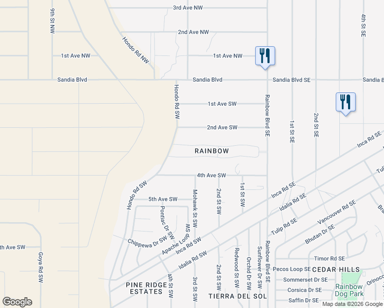 map of restaurants, bars, coffee shops, grocery stores, and more near 301 4th Avenue Southwest in Rio Rancho