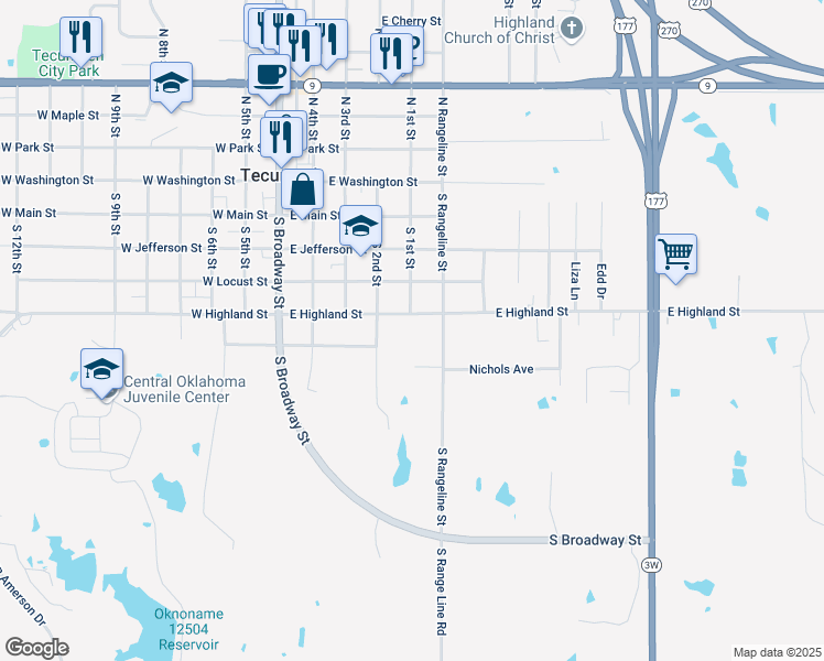 map of restaurants, bars, coffee shops, grocery stores, and more near 502 E Highland St in Tecumseh