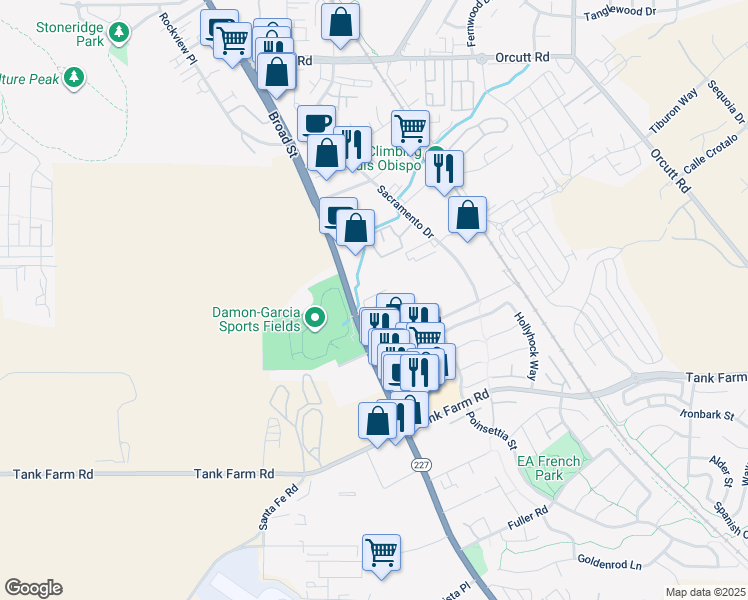 map of restaurants, bars, coffee shops, grocery stores, and more near 3682 Broad Street in San Luis Obispo