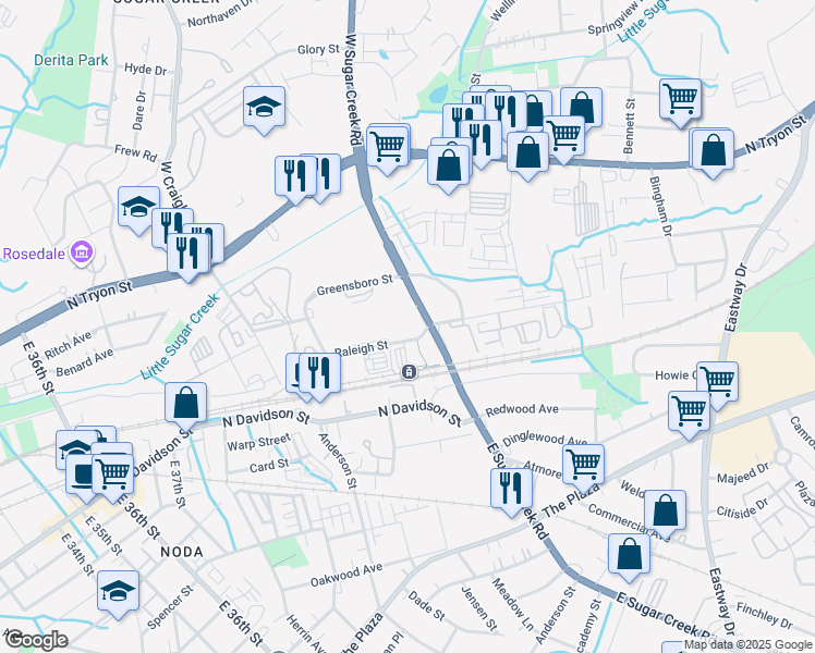 map of restaurants, bars, coffee shops, grocery stores, and more near 530 East Sugar Creek Road in Charlotte