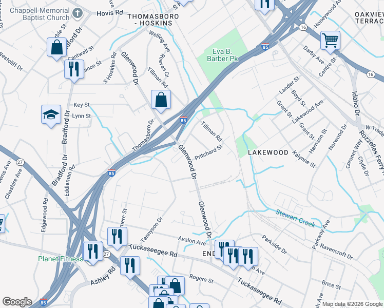 map of restaurants, bars, coffee shops, grocery stores, and more near 4117 Glenwood Drive in Charlotte