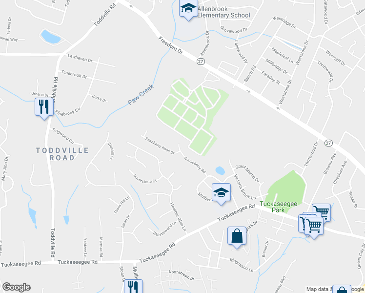 map of restaurants, bars, coffee shops, grocery stores, and more near 2219 Gooseberry Road in Charlotte