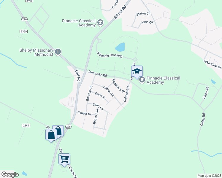 map of restaurants, bars, coffee shops, grocery stores, and more near 2126 Amesbury Drive in Shelby