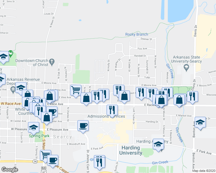 map of restaurants, bars, coffee shops, grocery stores, and more near 911 East Moore Avenue in Searcy