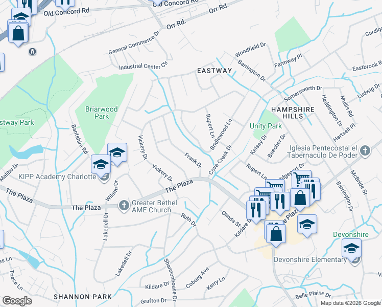 map of restaurants, bars, coffee shops, grocery stores, and more near 437 Frank Drive in Charlotte