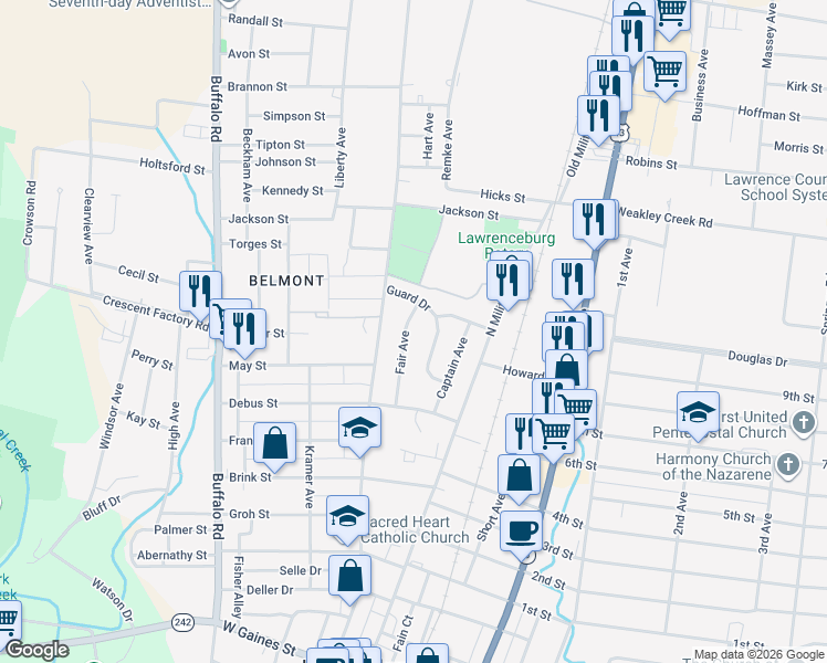 map of restaurants, bars, coffee shops, grocery stores, and more near 823 Fair Avenue in Lawrenceburg