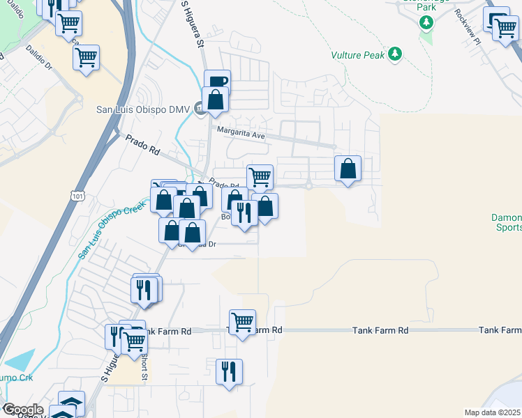 map of restaurants, bars, coffee shops, grocery stores, and more near 3511 South Higuera Street in San Luis Obispo
