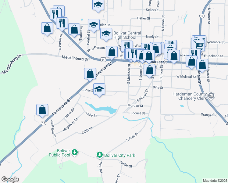 map of restaurants, bars, coffee shops, grocery stores, and more near 915 Pruitt Street in Bolivar