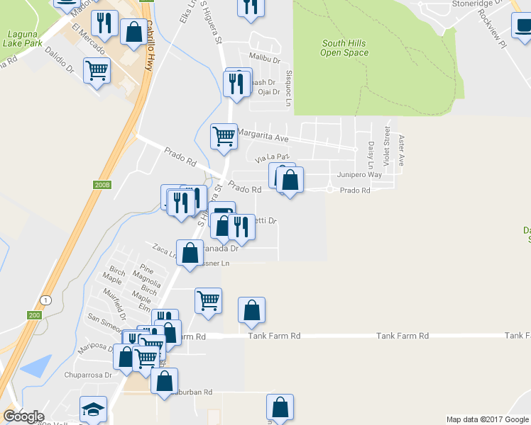 map of restaurants, bars, coffee shops, grocery stores, and more near 3469 Empresa Drive in San Luis Obispo